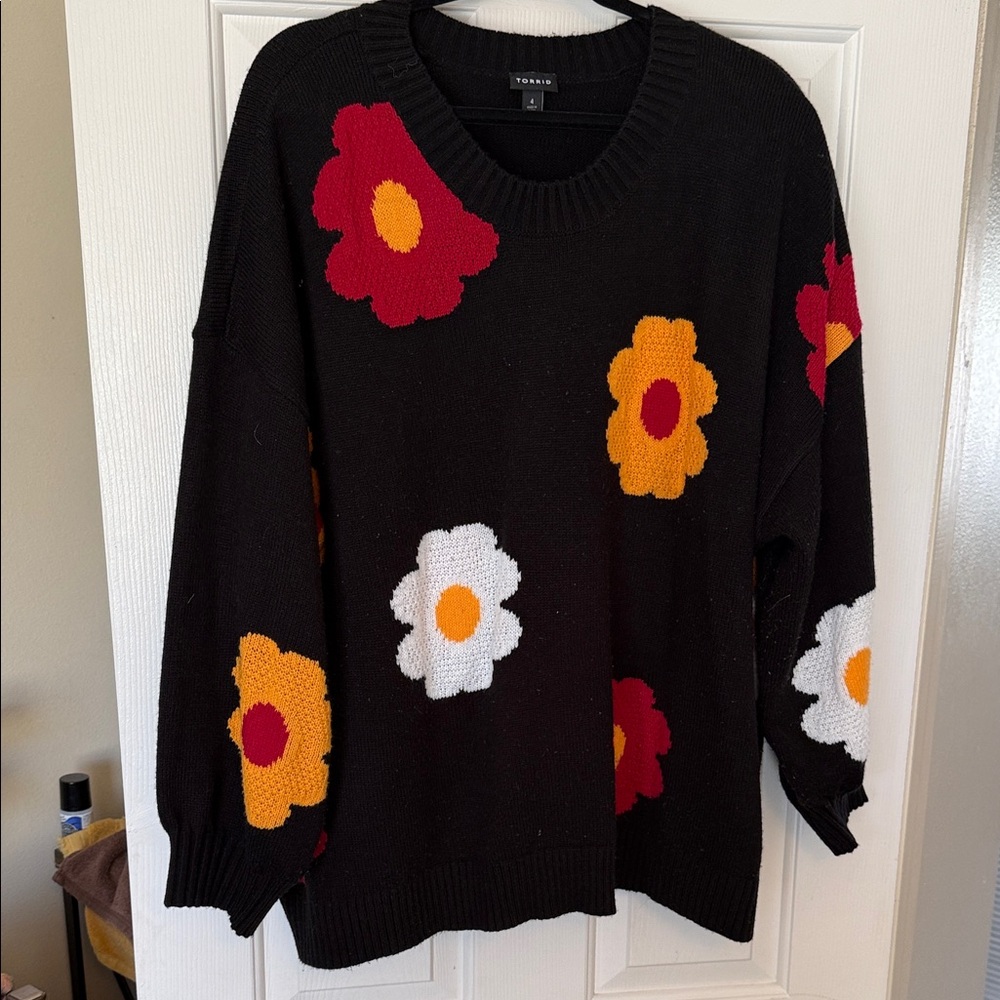 Torrid Black Sweater with Bold Floral Design